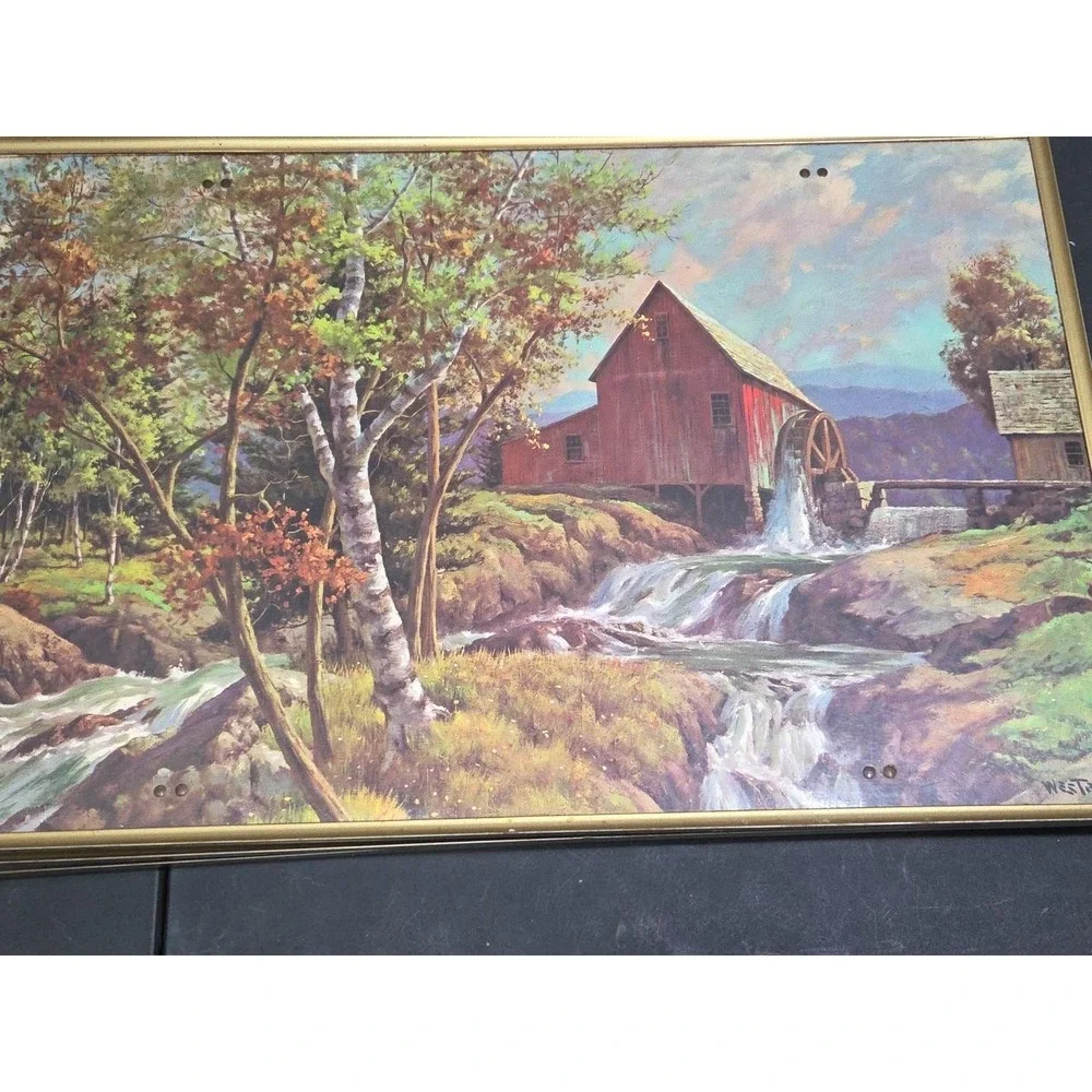 Vtg Westal complete 5-Piece TV Tray Set Mid‎ Century Farm Barn Nature Folding